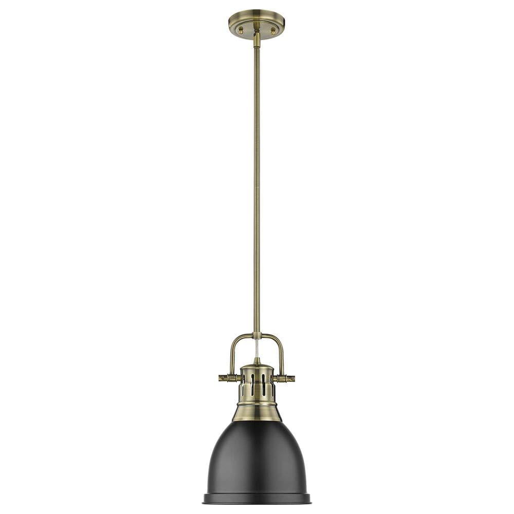 Golden Lighting Duncan 1-Light Small Pendant with Rod and Matte Black Shade in Aged Brass, , large