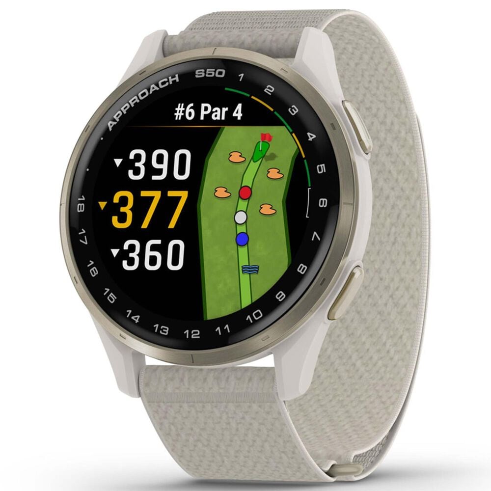 Garmin Approach S50 43mm Golf and Fitness Smartwatch Cream Gold Aluminum Bezel Case with Ivory Nylon Band, , large