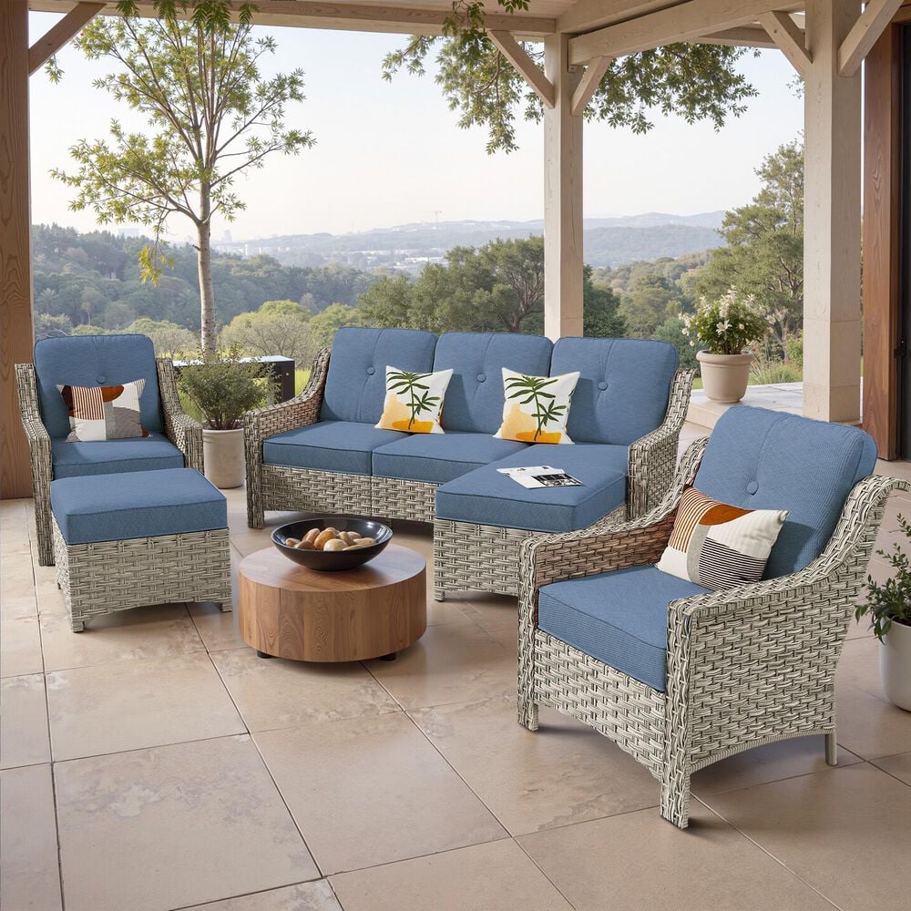 HOMLUX 5-Piece Patio Conversation Set with Two Ottomans in Denim Blue, , large