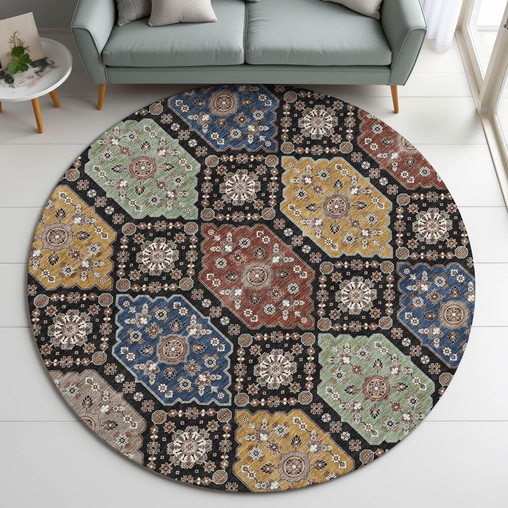 Dalyn Rug Company Silk Road Black, Ivory, Paprika, Sage, Gold and Gray 8&#39; Round Area Rug, , large