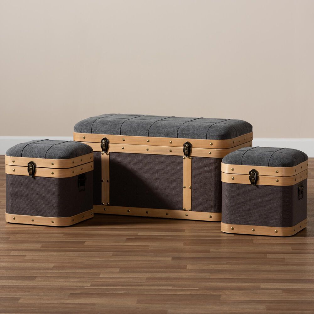 Baxton Studio Clarence 3-Piece Storage Ottoman Set in Dark Grey and Brown, , large
