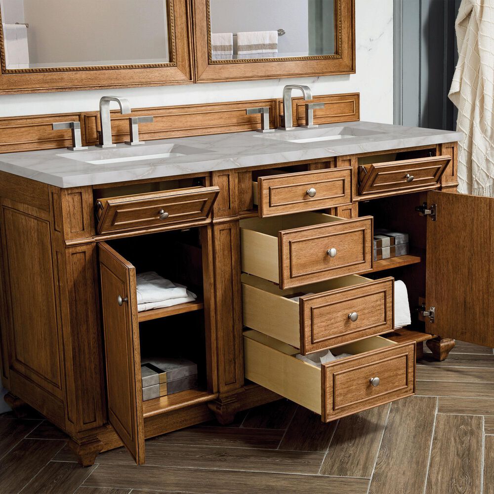 James Martin Vanities Bristol 60" Double Bathroom Vanity in Saddle Brown with 3 cm Eternal Jasmine Pearl Silestone Top, Rectangular Sinks and FreePower Wireless Charger, , large