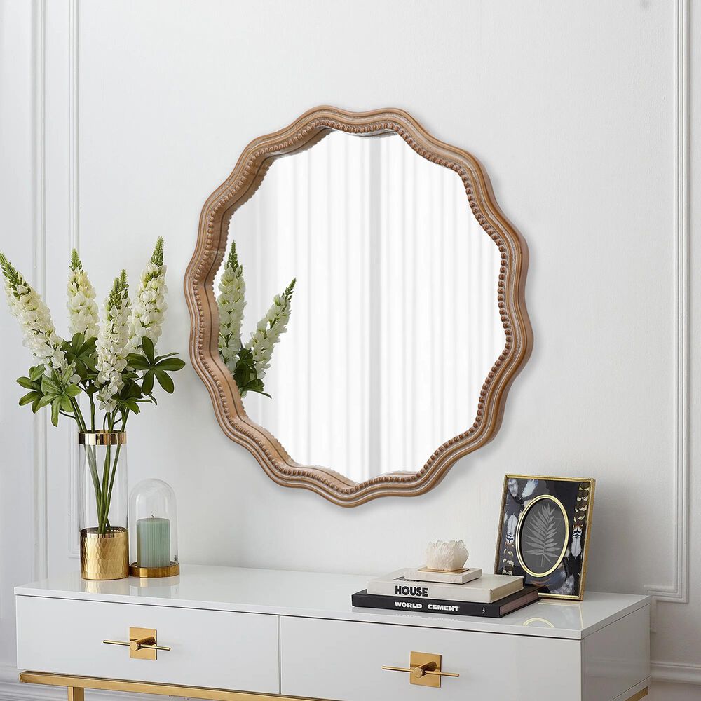Hearth and Haven 23.62" Round Wall Mirror with Wavy Wood Framed in Antique Natural, , large