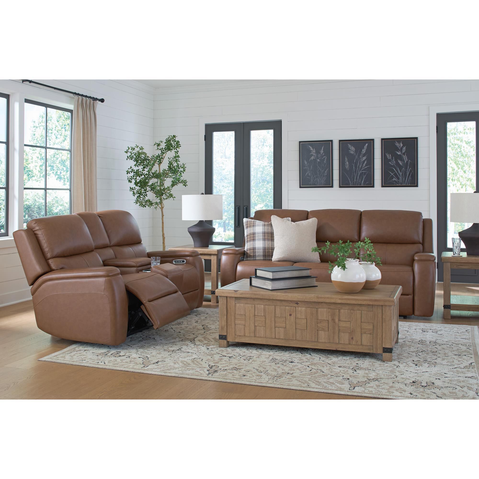 Ashley Syran Power Reclining Loveseat with Console in Caramel