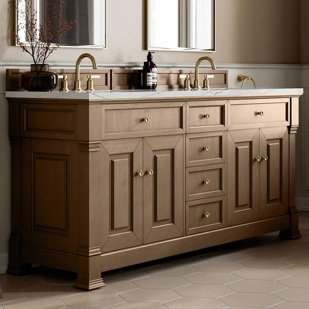 James Martin Vanities Brookfield 72&quot; Double Bathroom Vanity in Pecan with 3cm Ethereal Noctis Quartz Top and Rectangular Sinks, , large