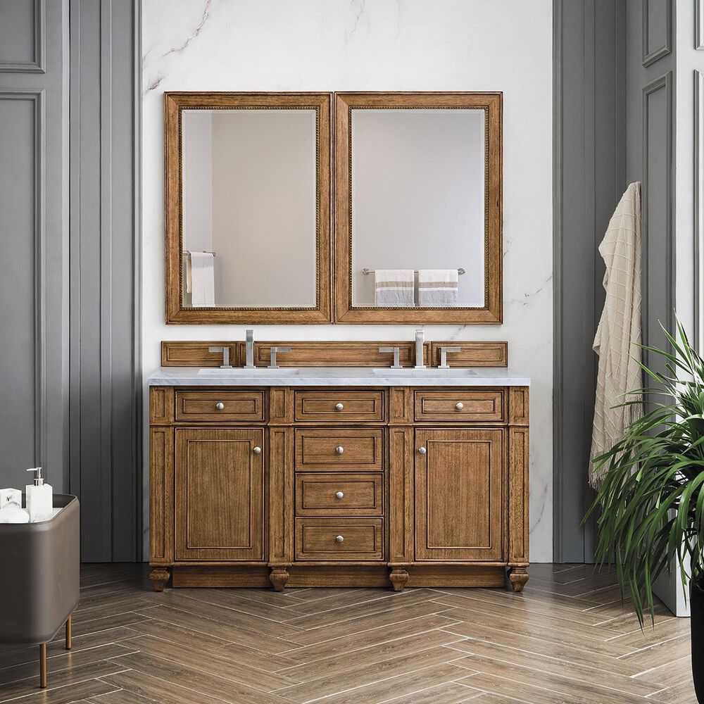 James Martin Vanities Bristol 60&quot; Double Bathroom Vanity in Saddle Brown with 3 cm Arctic Fall Solid Surface Top and Rectangular Sinks, , large