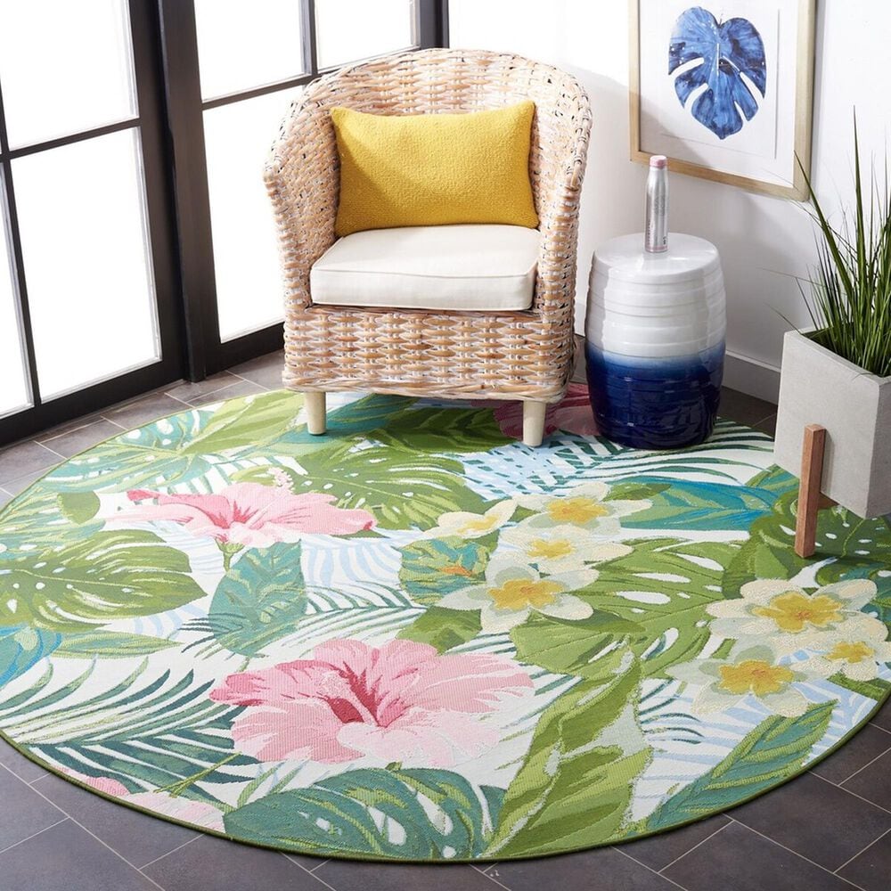 Safavieh Barbados Tropical Floral 6&#39;6&quot; Round Green and Pink Indoor/Outdoor Area Rug, , large