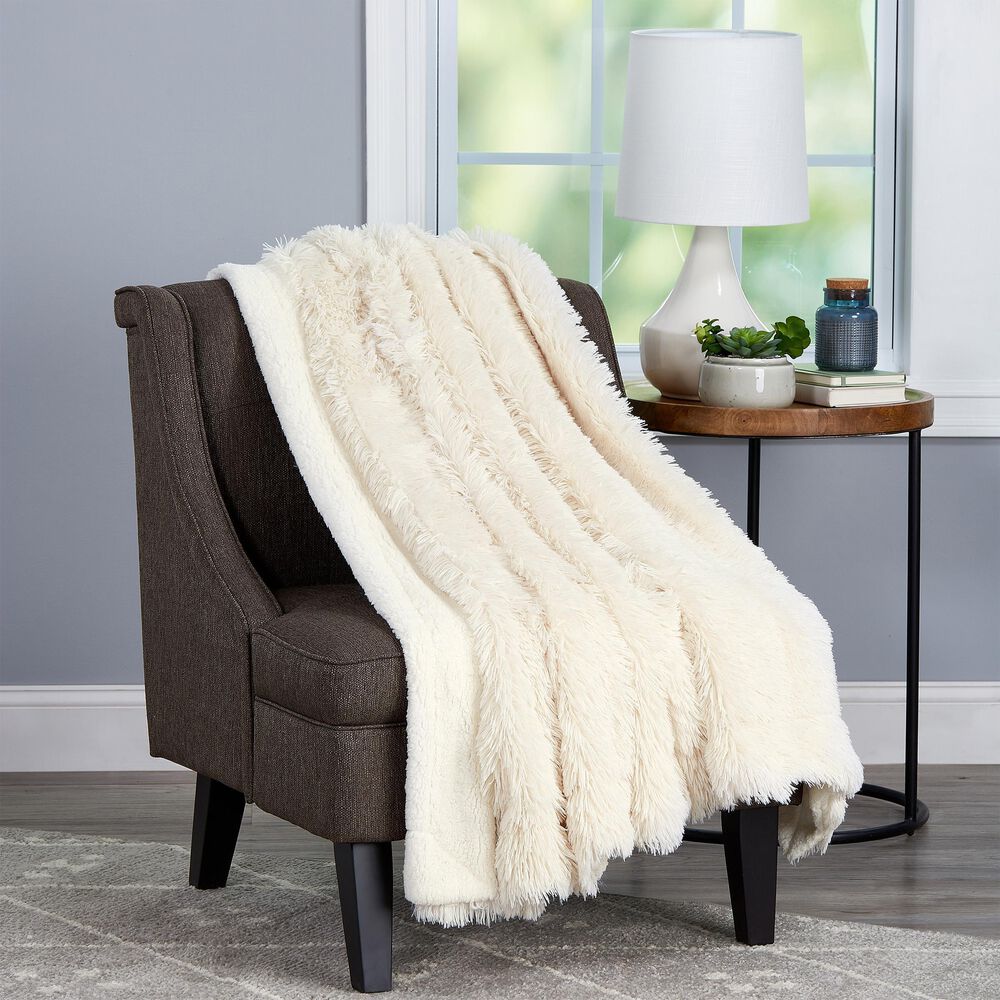 Timberlake Lavish Home Long Faux Rabbit Fur Throw in White, , large