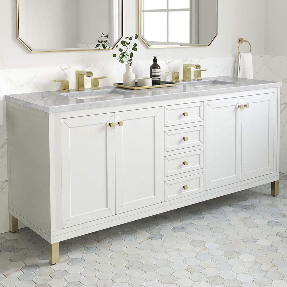James Martin Vanities Chicago 72&quot; Double Bathroom Vanity in Glossy White with 3 cm Carrara White Marble Top and Rectangular Sinks, , large