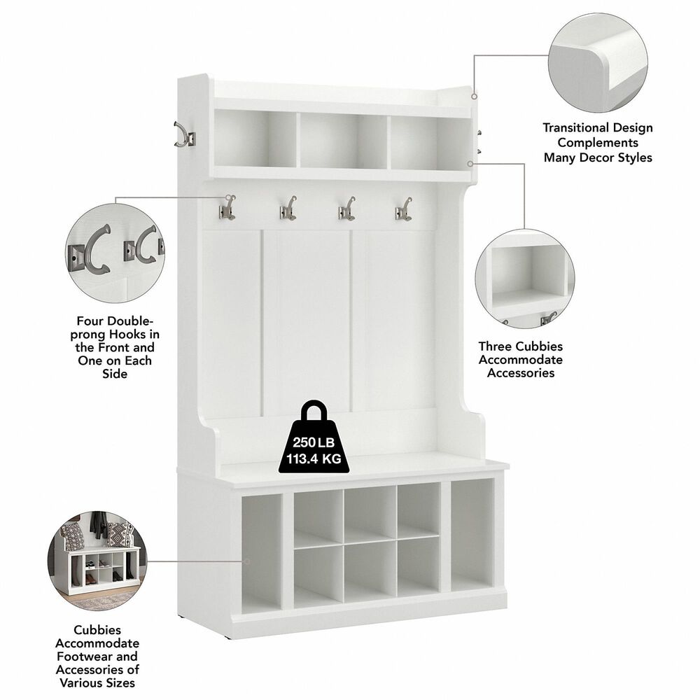 Bush Woodland Tall Hall Tree with Storage Bench in White Ash NFM