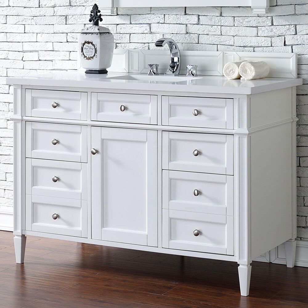 James Martin Brittany 48&quot; Single Bathroom Vanity in Bright White with 3 cm White Zeus Quartz Top and Rectangular Sink, , large