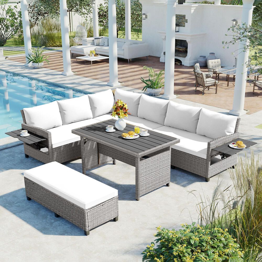HOMLUX 5-Piece Outdoor Conversation Set with 2 Extendable Side Tables and Gray Rattan in White, , large