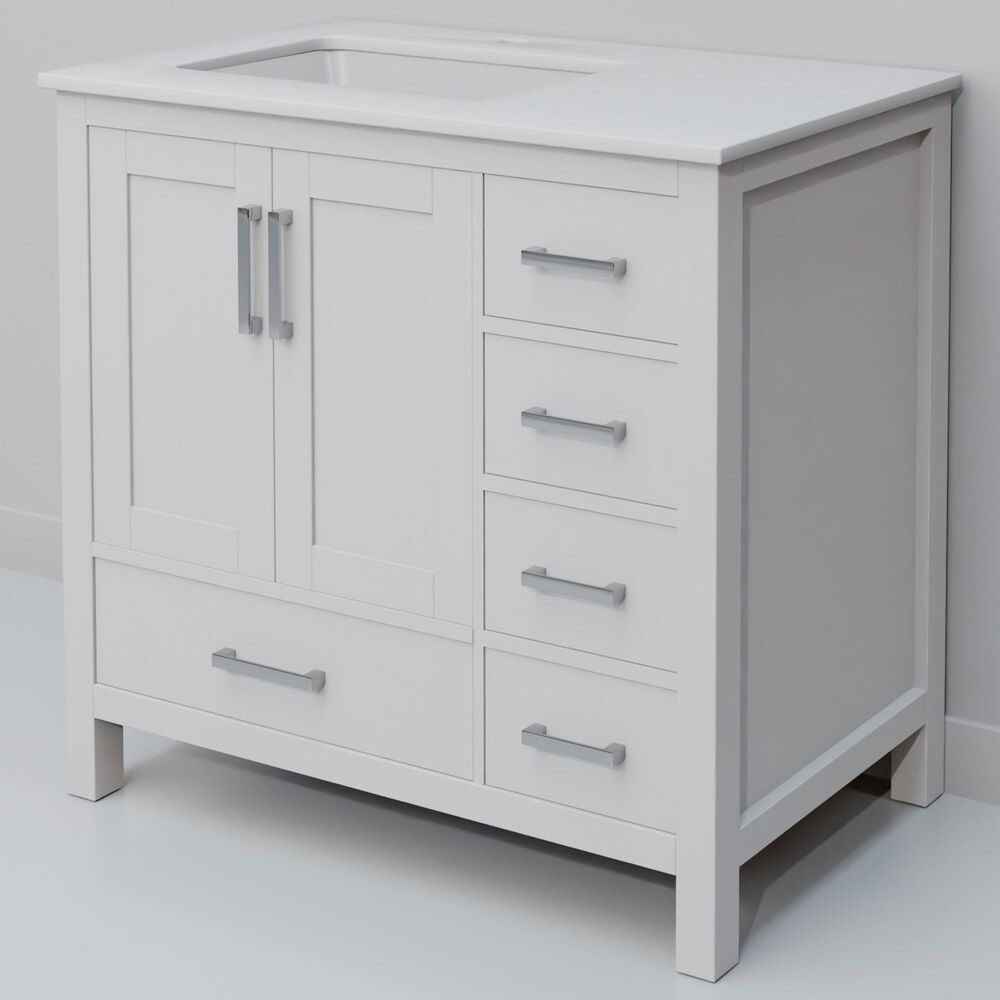 Lexora Home Jacques 36" Left Offset Single Bathroom Vanity in White with 2 cm White Quartz Top and Rectangular Sink, , large