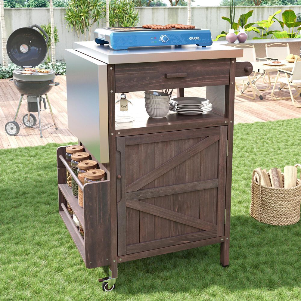 HOMLUX 40.5" Outdoor Kitchen Island with One Drawer in Brown and Stainless Steel, , large
