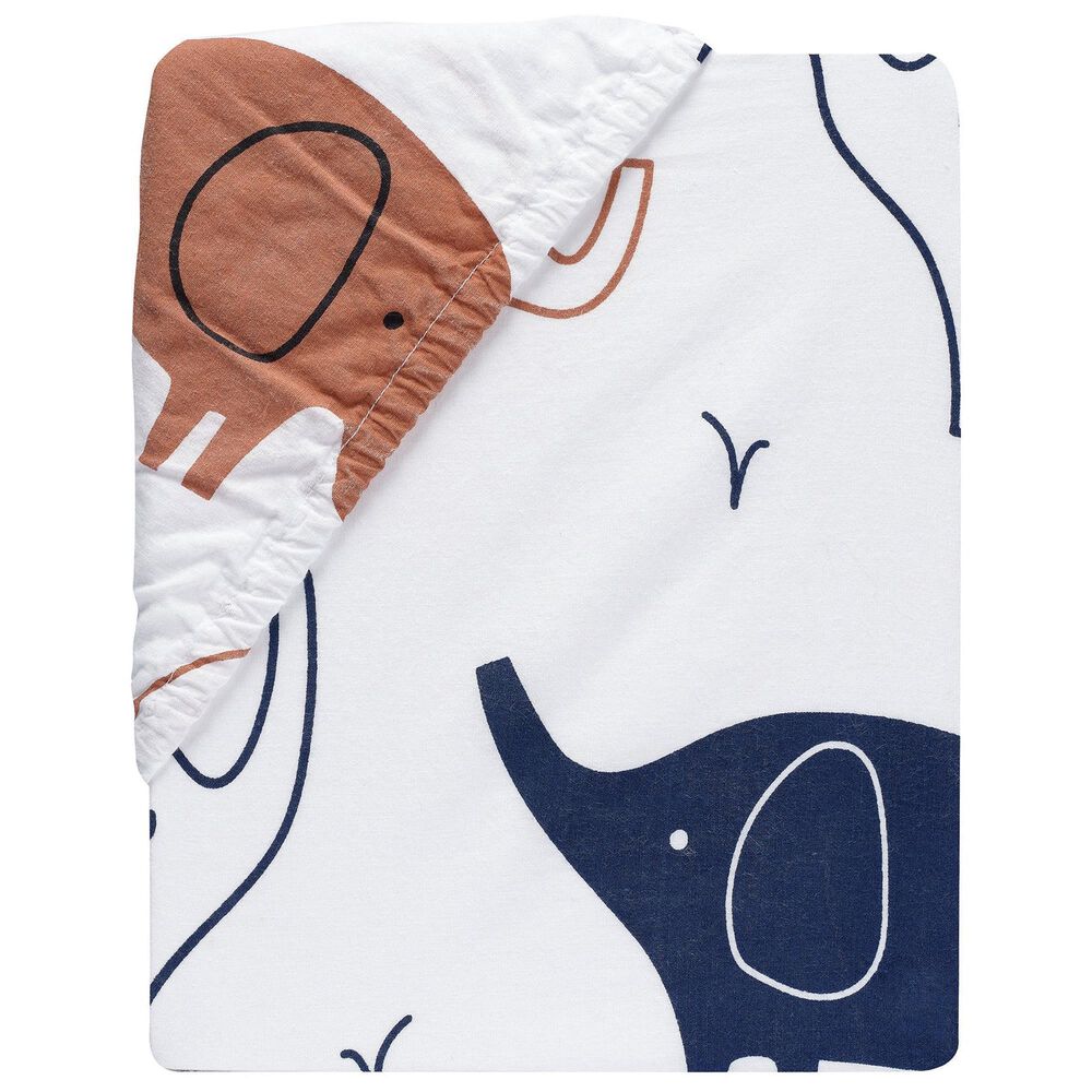 Lambs and Ivy Playful Elephant Baby Fitted Crib Sheet in White, Caramel and Indigo Blue, , large