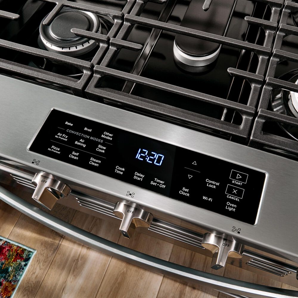 Whirlpool 2-Piece Kitchen Package with 5 Cu. Ft. Smart Gas Range and 1.1 Cu. Ft. Flush Mount Microwave in Fingerprint Resistant Stainless Steel, , large