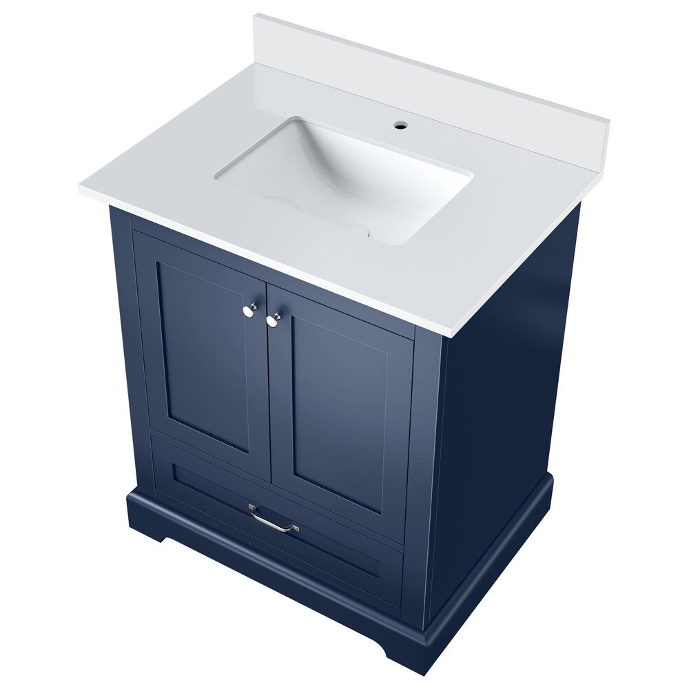 Lexora Home Dukes 30&quot; Single Bathroom Vanity in Navy Blue with 2 cm White Cultured Marble Top and Rectangular Sink, , large