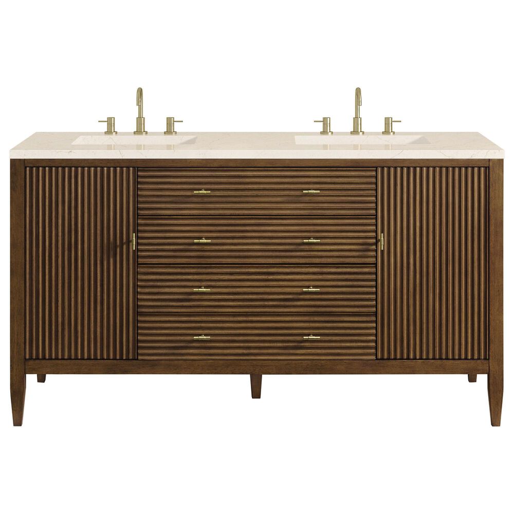 James Martin Vanities Myrrin 60&quot; Double Vanity in Mid-Century Walnut with 3 cm Eternal Marfil Quartz Top, , large