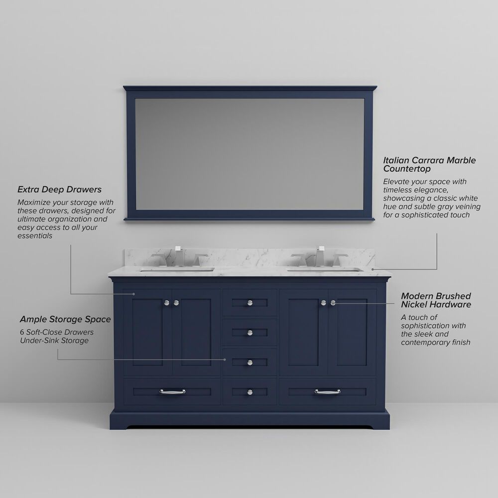 Lexora Home Dukes 60" Double Bathroom Vanity in Navy Blue with 2 cm White Carrara Marble Top and Rectangular Sinks, , large