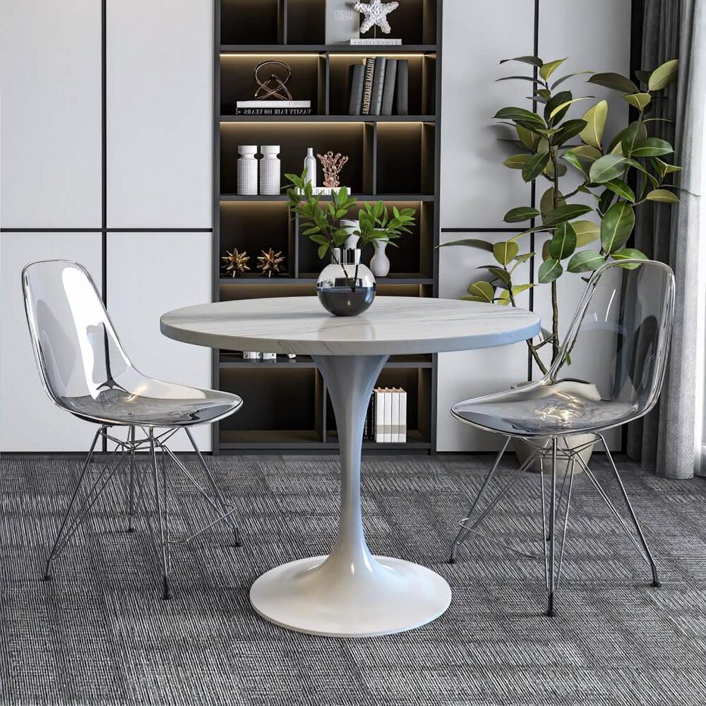 Leisuremod LeisureMod Verve Collection 36 Round Dining Table, White Base with Laminated White Marbleized Top, , large