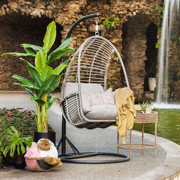 World Source Ivy Basket Chair and Stand in Black and Gray, , large
