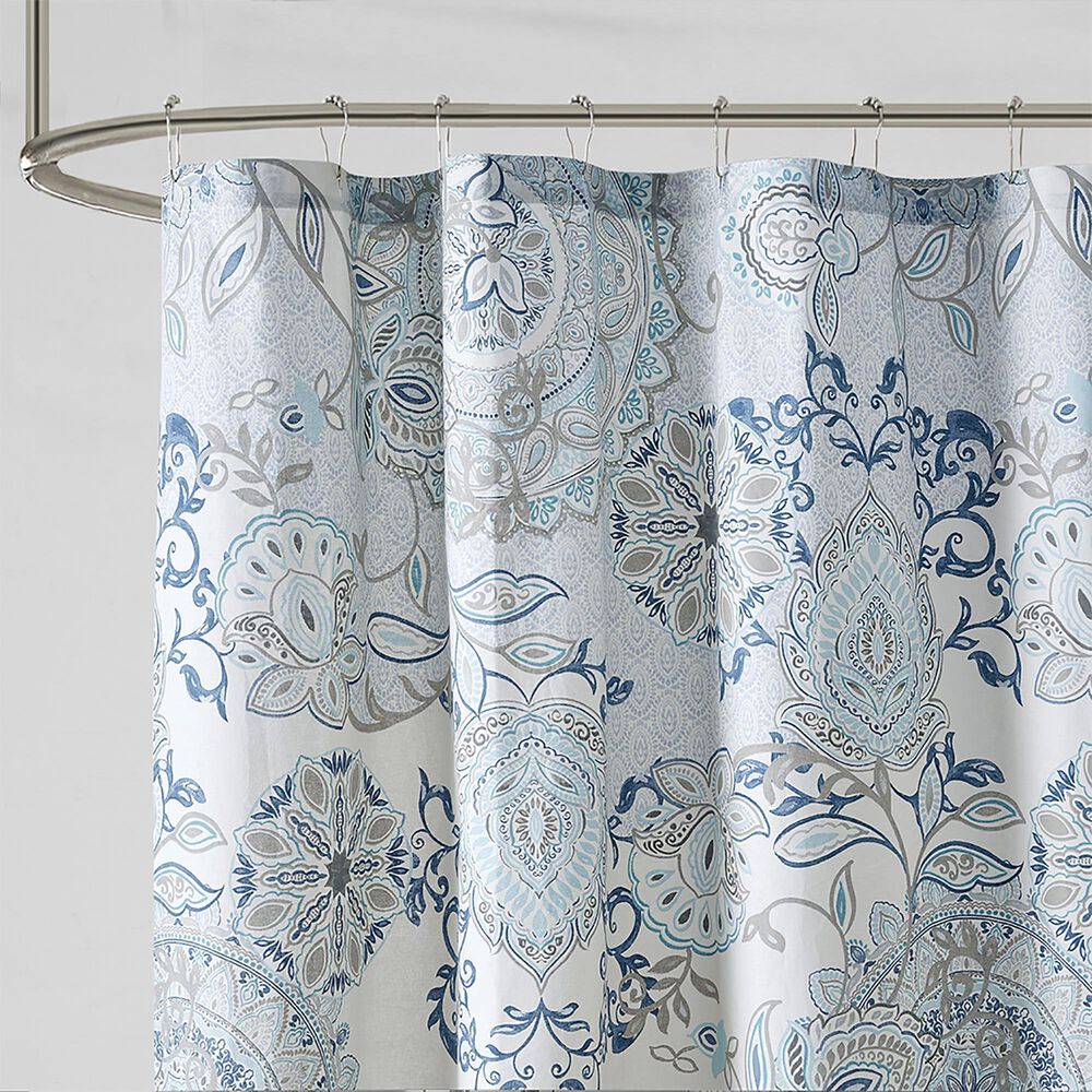 Hampton Park Isla Printed Cotton Shower Curtain in Blue NFM