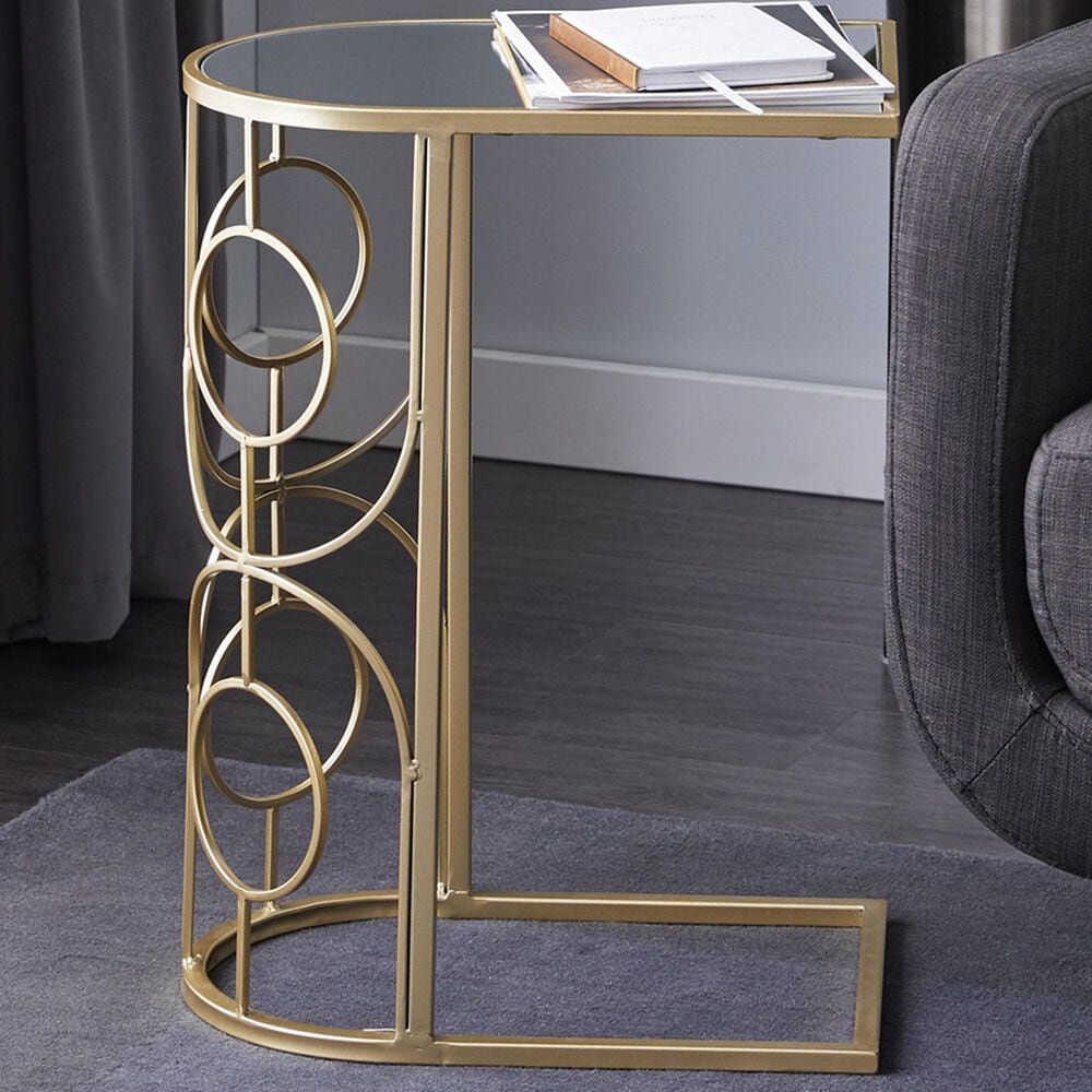 Maple and Jade Geometric End Table with Mirrored Glass Top in Gold, , large