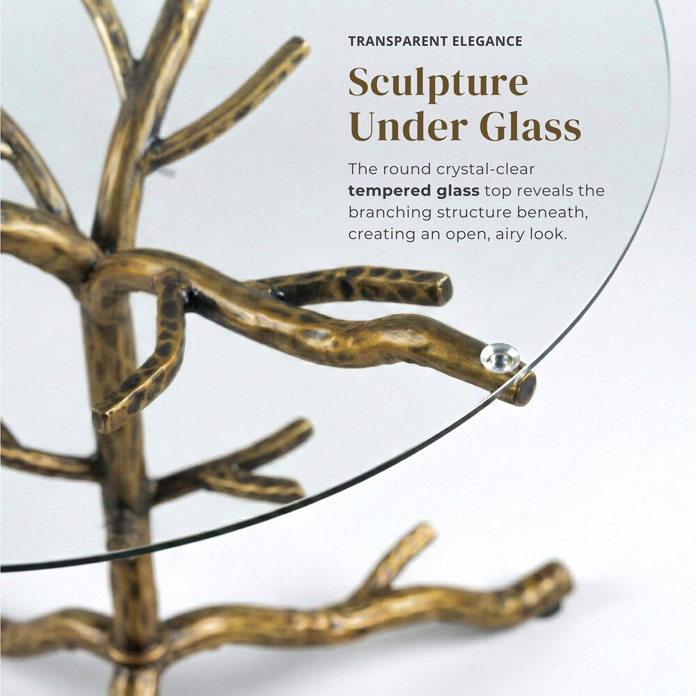 Furniture of America Lalia Side Table with Tempered Glass Top and Tree Branch Base in Matte Gold, , large