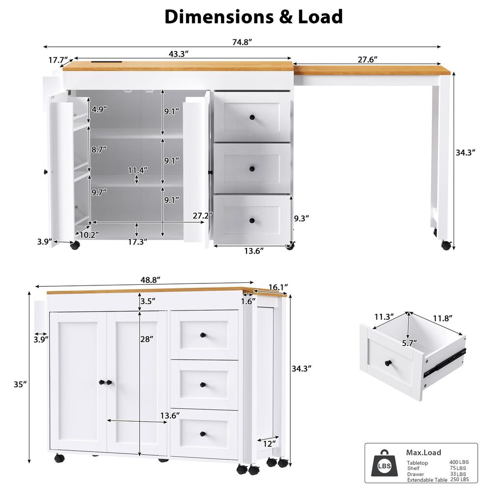 HOMLUX 74.8" Kitchen Island with Extendable Dining Table in White and Natural, , large