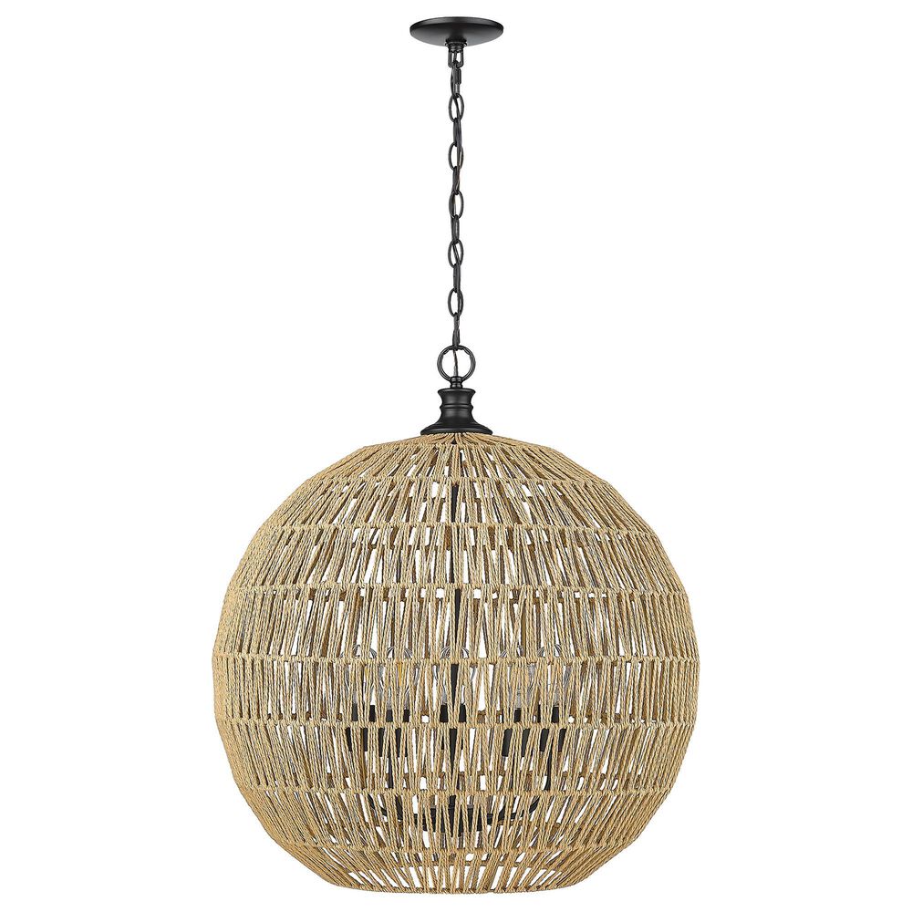 Golden Lighting Florence 5-Light Pendant with Natural Raphia Rope Shade in Matte Black, , large