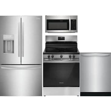 Frigidaire 4 PC Kitchen Package with 27.8 Cu. Ft. Freestanding French Door Refrigerator, 30" Freestanding Electric Range, 1.8 Cu. Ft. OTR Microwave, and 24" Built-In Dishwasher with DishSense and MaxDry, , large