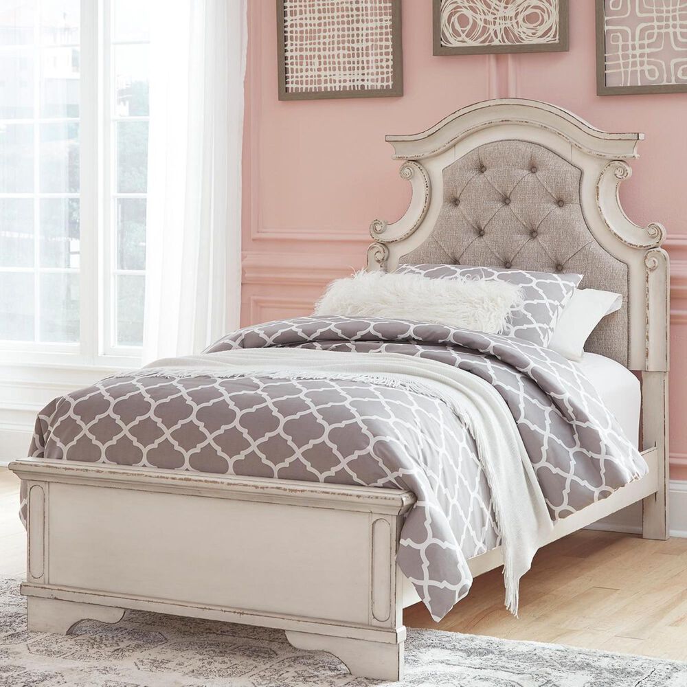 Ashley Realyn Twin Button Tufted Panel Bed in Chipped White, , large