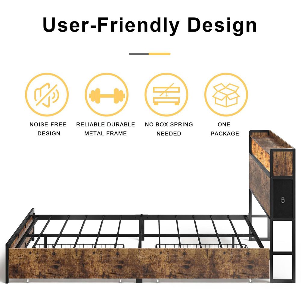 HOMLUX 4-Drawer Queen Storage Bed with LED Bookcase Headboard and Charging Station in Rustic Brown, , large