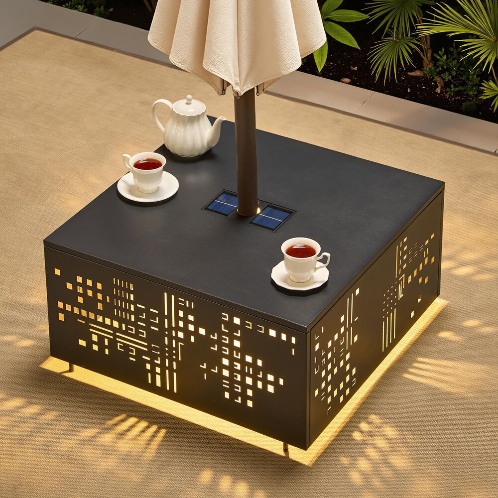 HOMLUX Patio Coffee Table with Solar Lighting in Black, , large