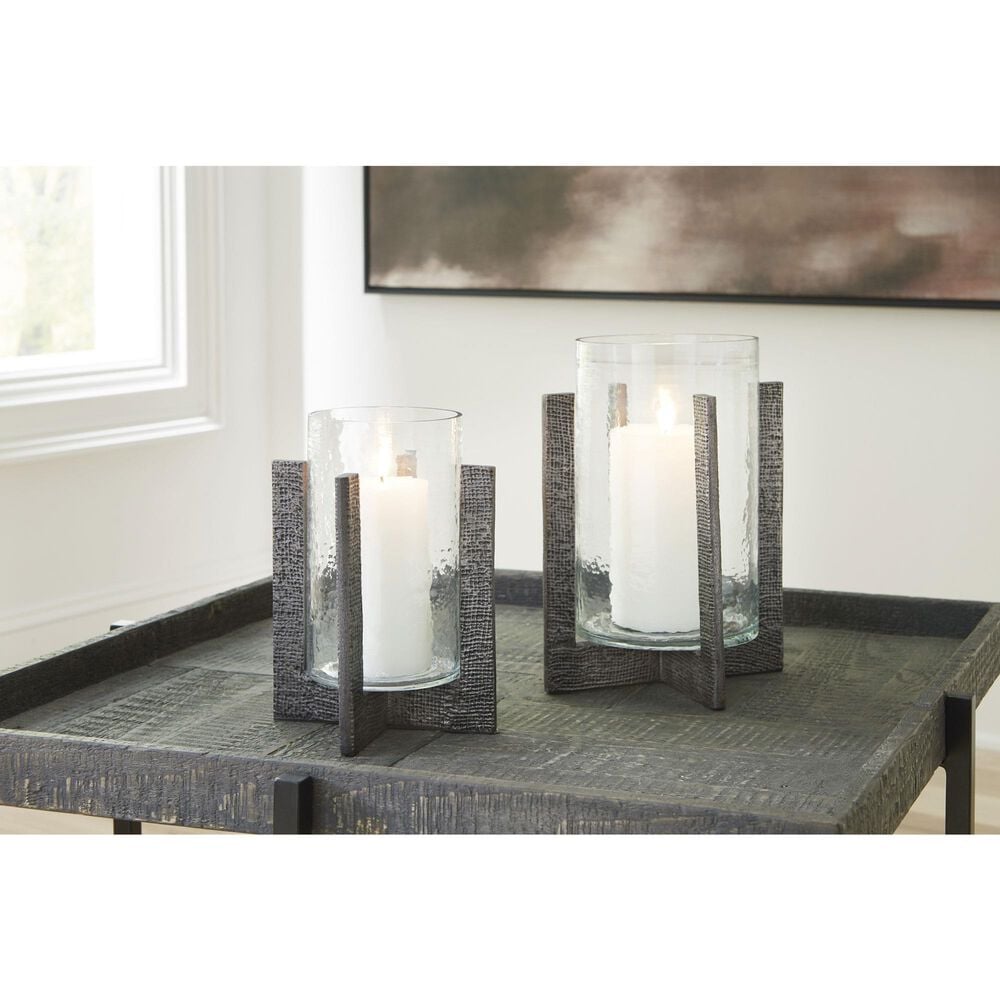 Ashley Garekton Candle Holder in Antiqued Pewter and Clear &#40;Set of 2&#41;, , large