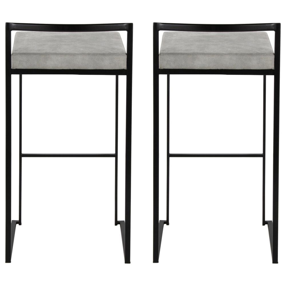 LumiSource Fuji 34" Stacker Bar Stool with Light Grey Cowboy Upholstery in Black (Set of 2), , large