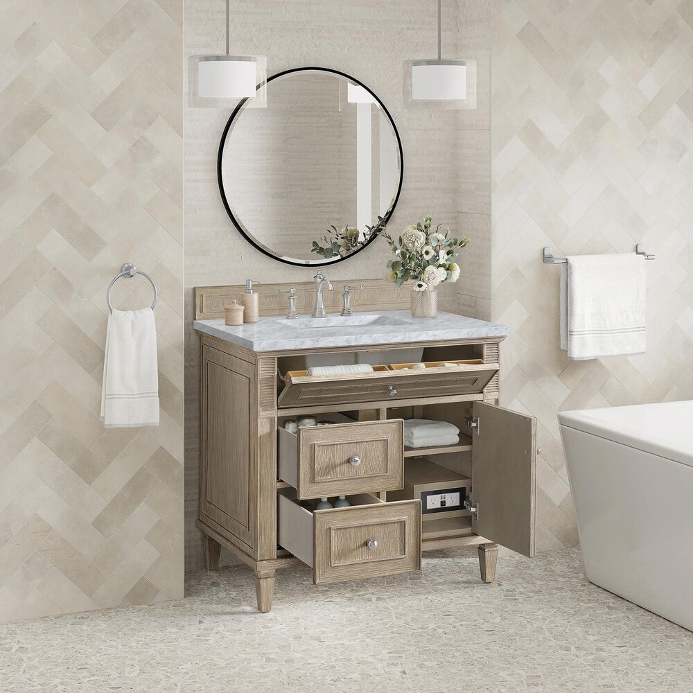 James Martin Vanities Lorelai 36&quot; Single Vanity in Whitewashed Oak with 3 cm Carrara White Marble Top, , large