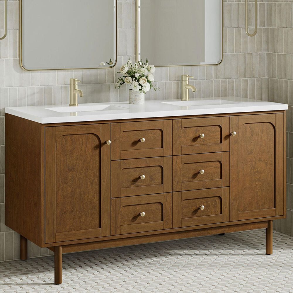 James Martin Laurent 60" Double Bathroom Vanity in Honey Oak with Single Hole 3 cm White Zeus Silestone Top and Rectangular Sinks, , large