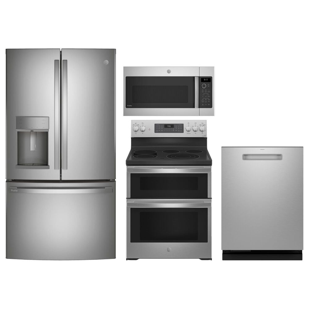 GE Profile 4pc Kitchen Set with Refrigerator, Range, Microwave, and Dishwasher in Stainless Steel, , large