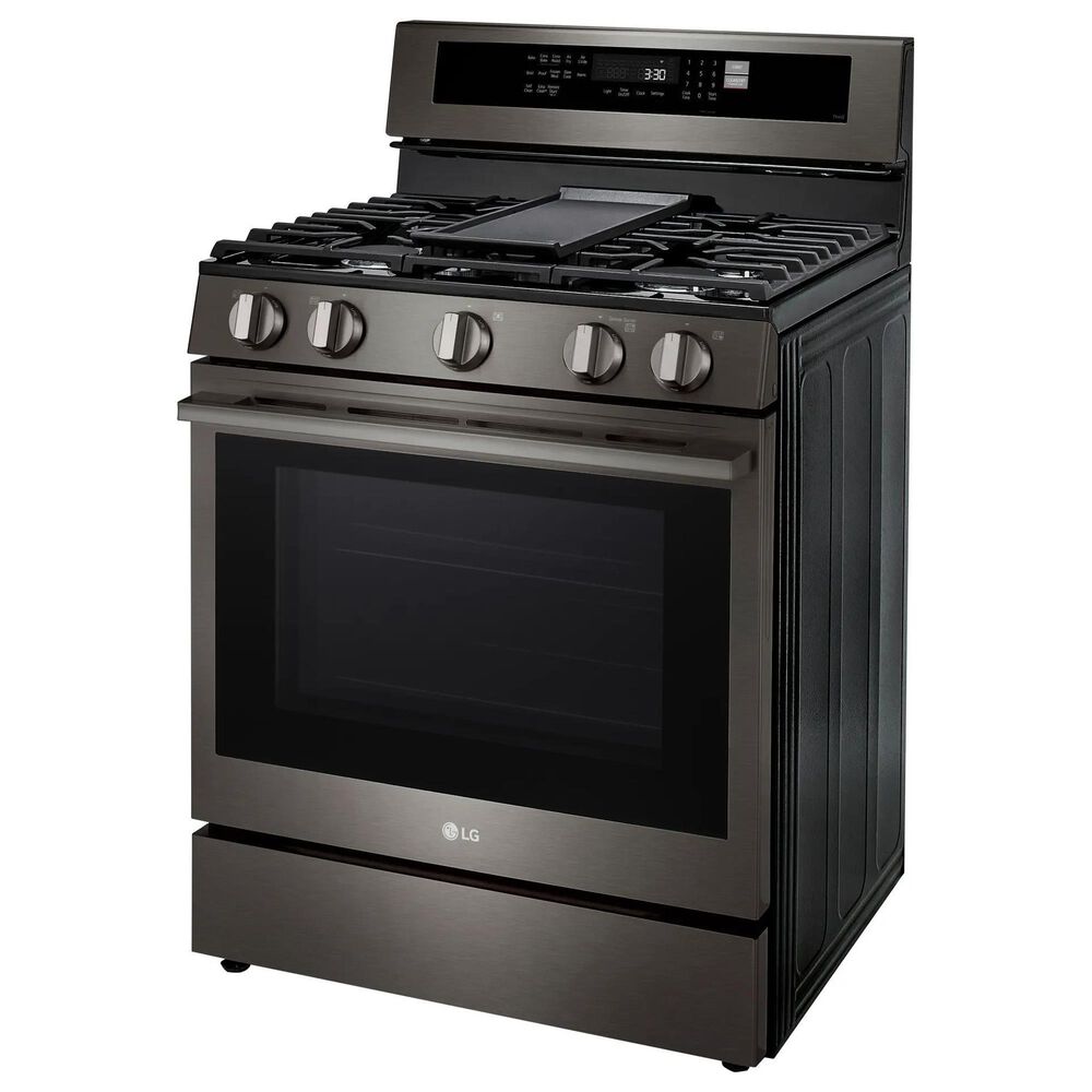 LG 2-Piece Kitchen Package with 6.3 Cu. Ft. Smart Freestanding Gas Range and 2.1 Cu. Ft. Smart Over-the-Range Microwave in Black Stainless Steel, , large