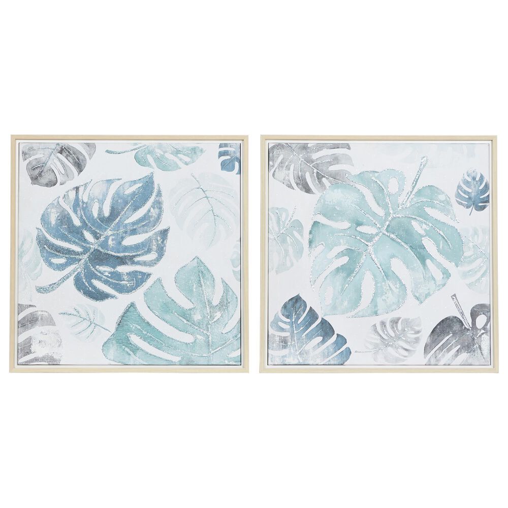 CosmoLiving by Cosmopolitan 24" Square Coastal Leaves Framed Wall Art in Light Aqua, Blue, Green and Turquoise (Set of 2), , large