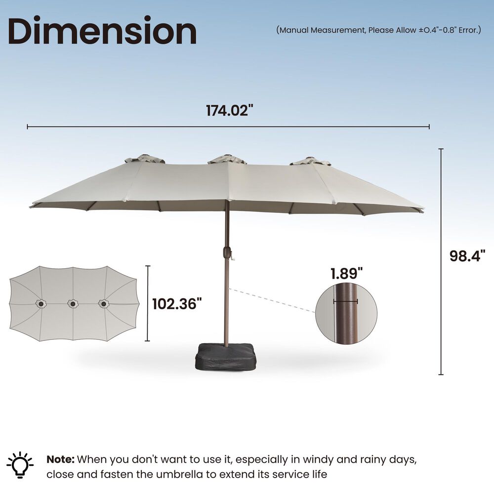 HOMLUX 15' Double-Sided Outdoor Market Umbrella with Sandbag Base in Light Gray, , large