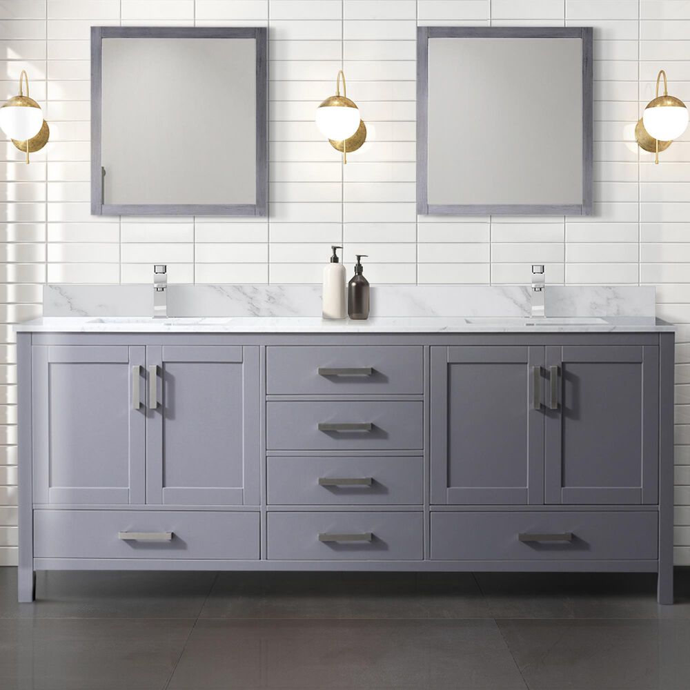 Lexora Home Jacques 80&quot; Double Bathroom Vanity in Dark Grey with 2 cm White Carrara Marble Top and Rectangular Sinks, , large