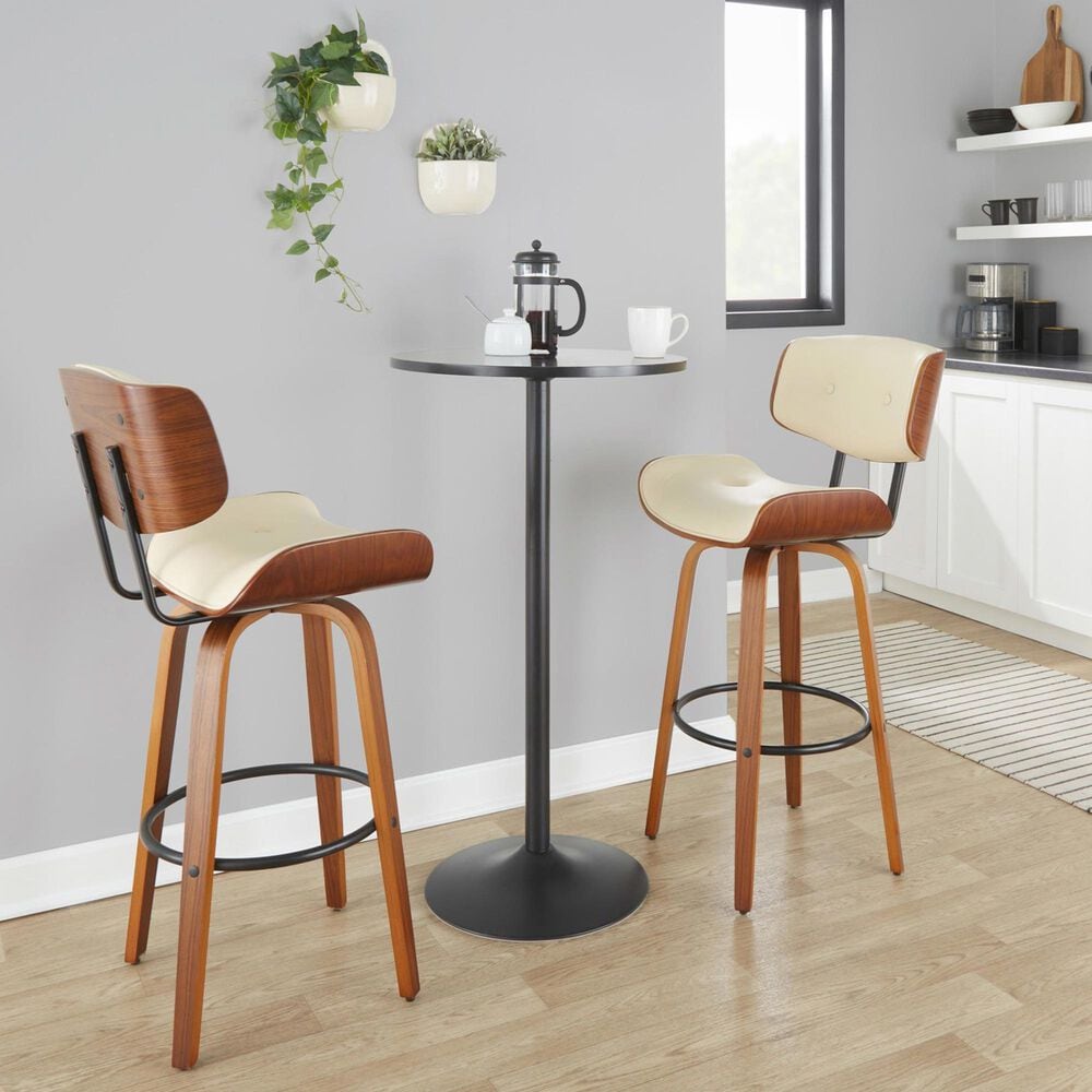 LumiSource Lombardi 30" Swivel Barstool with Cream Faux Leather Upholstery in Walnut and Black (Set of 2), , large
