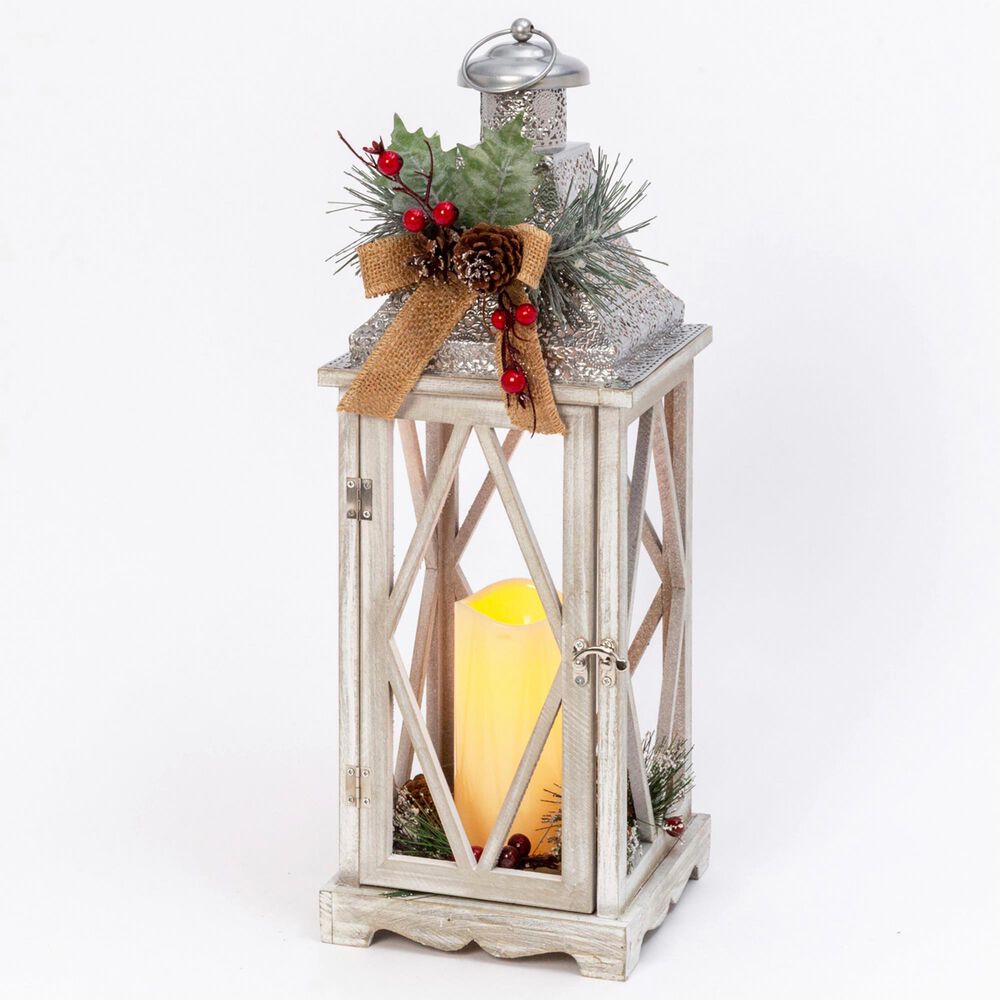 The Gerson Company 21" Holiday Lantern with LED Candle and Floral Accent in White, , large