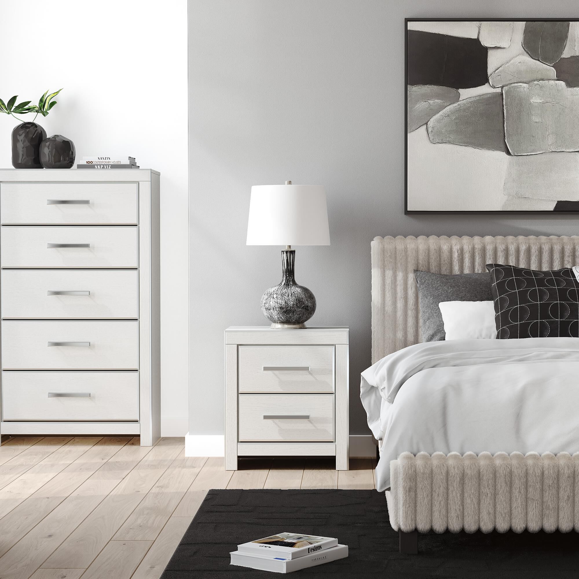 Ashley Zuraleus 2-Drawer Night Stand in Matte White and Chrome
