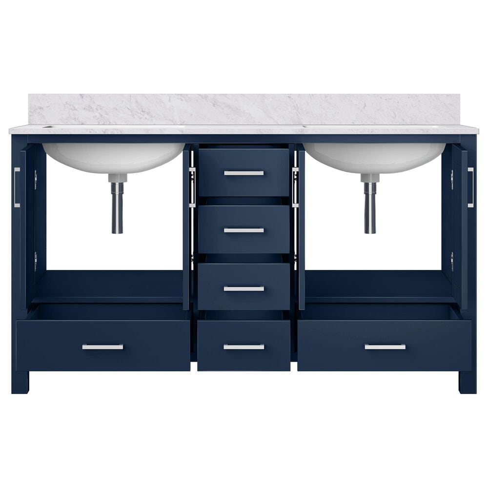 Lexora Home Jacques 60&quot; Double Bathroom Vanity in Navy Blue with 2 cm White Carrara Marble Top and Rectangular Sinks, , large
