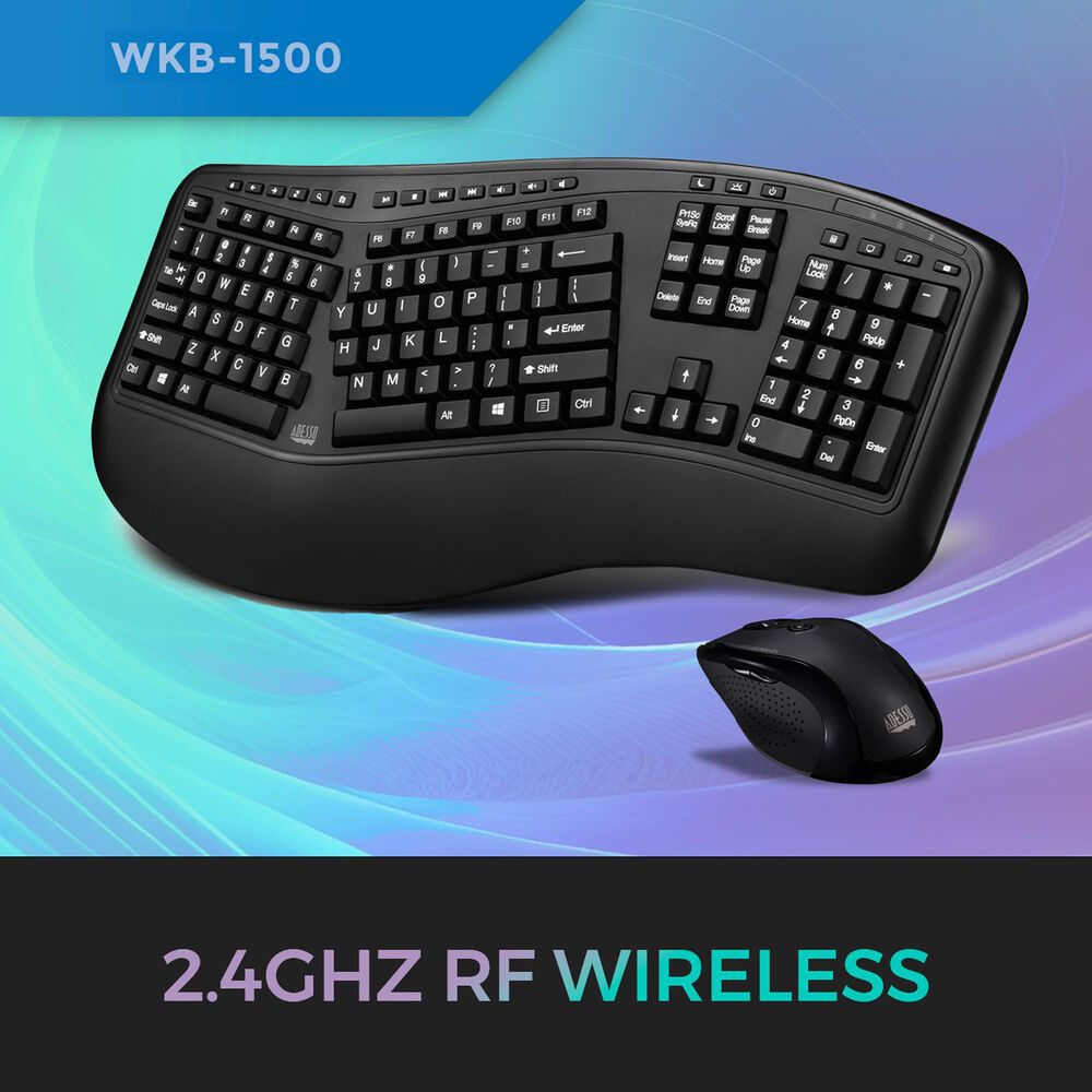 Adesso Wireless Ergo Keyboard and Laser Mouse Combo in Black, , large