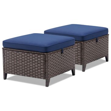 Sunwell Garden 13.8" Ottoman with Navy Cushion in Brown (Set of 2), , large