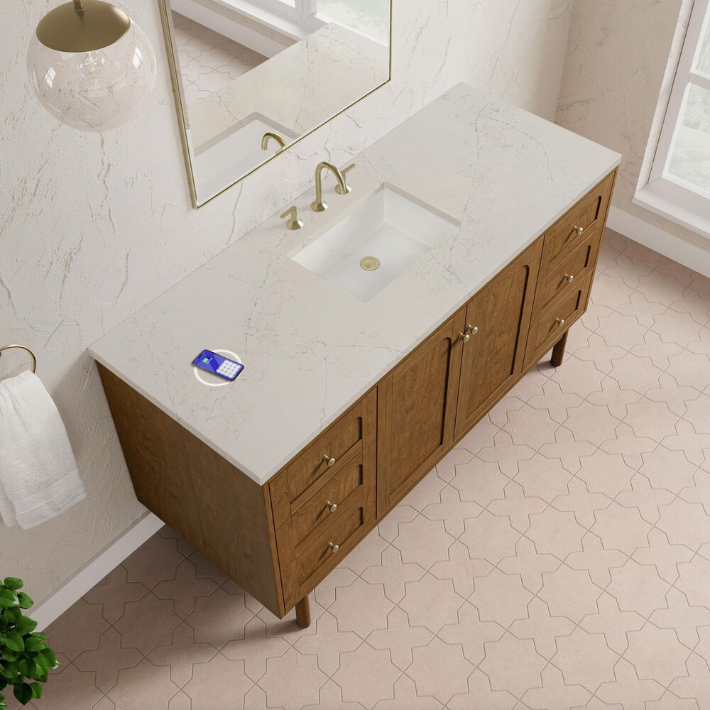 James Martin Laurent 60" Single Bathroom Vanity in Honey Oak with 3 cm Siberian Silestone Top, Rectangular Sink and FreePower Wireless Charger, , large